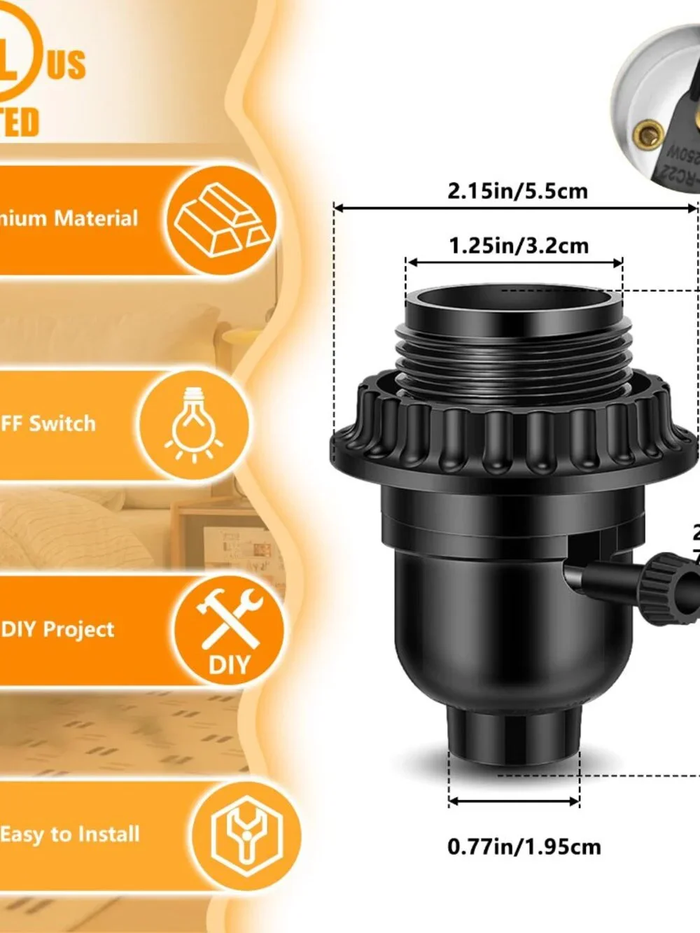 UL Listed E26 Light Socket, Threaded Lamp Socket Replacement with ON/Off Switch